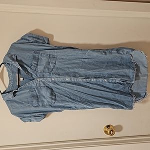 Denim Dress Light Weight Button Up with Chest pockets And raw bottom Hem